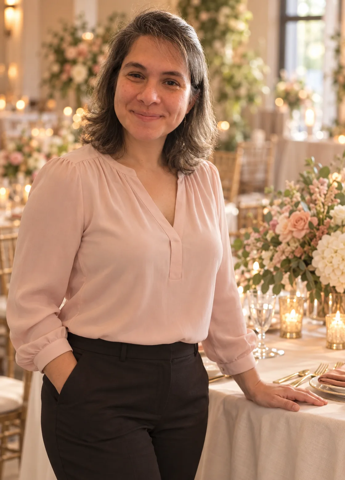 Marcela, event and party planner, in an event venue