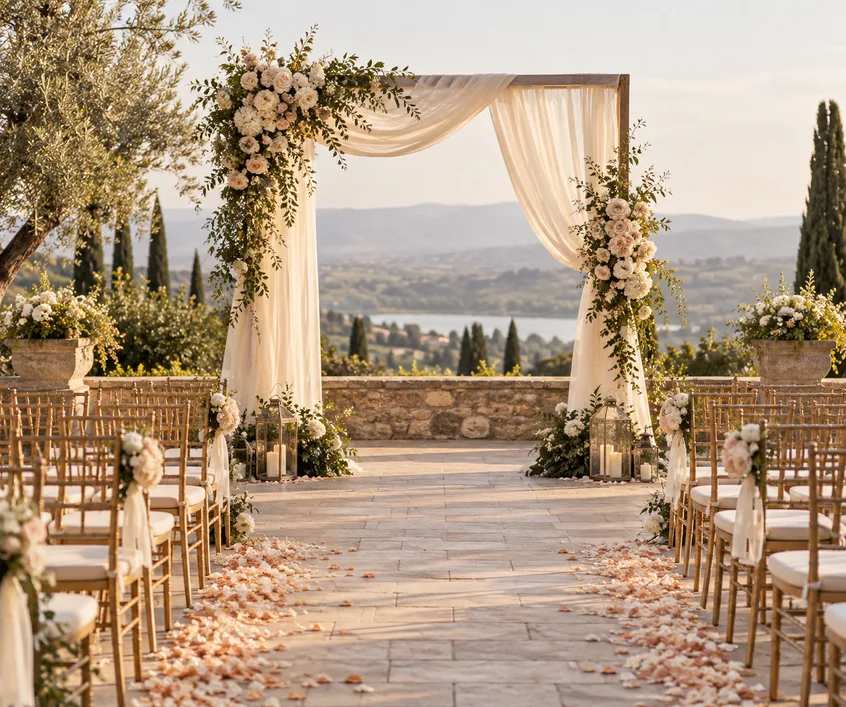 Ceremony arch with sheer draping and blush florals