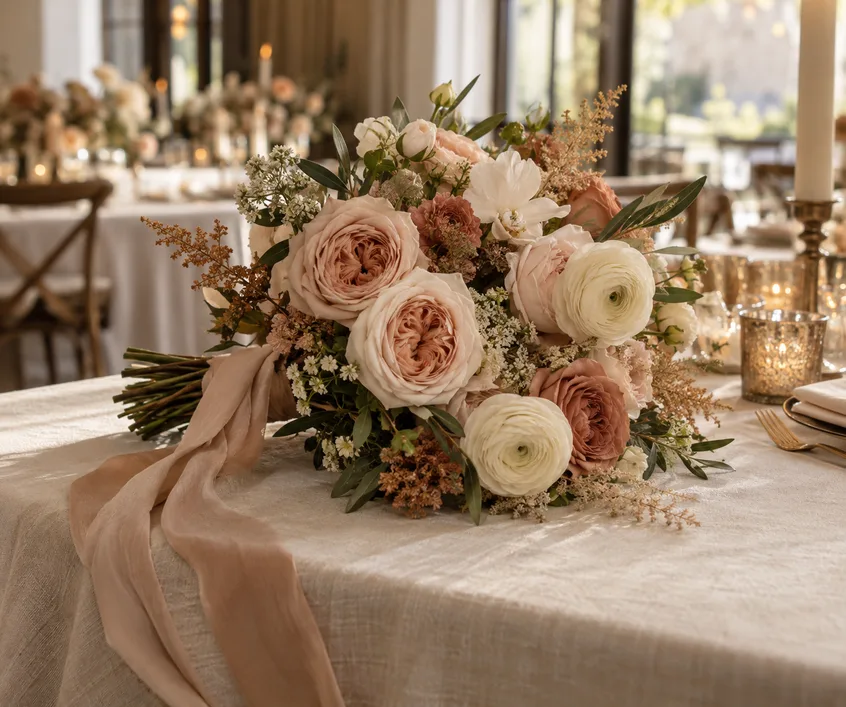 Bridal bouquet of garden roses and ranunculus