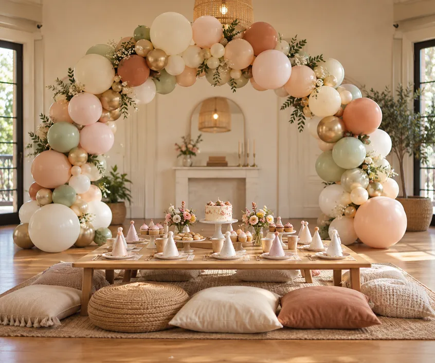 Pastel balloon arch over a kids' party table