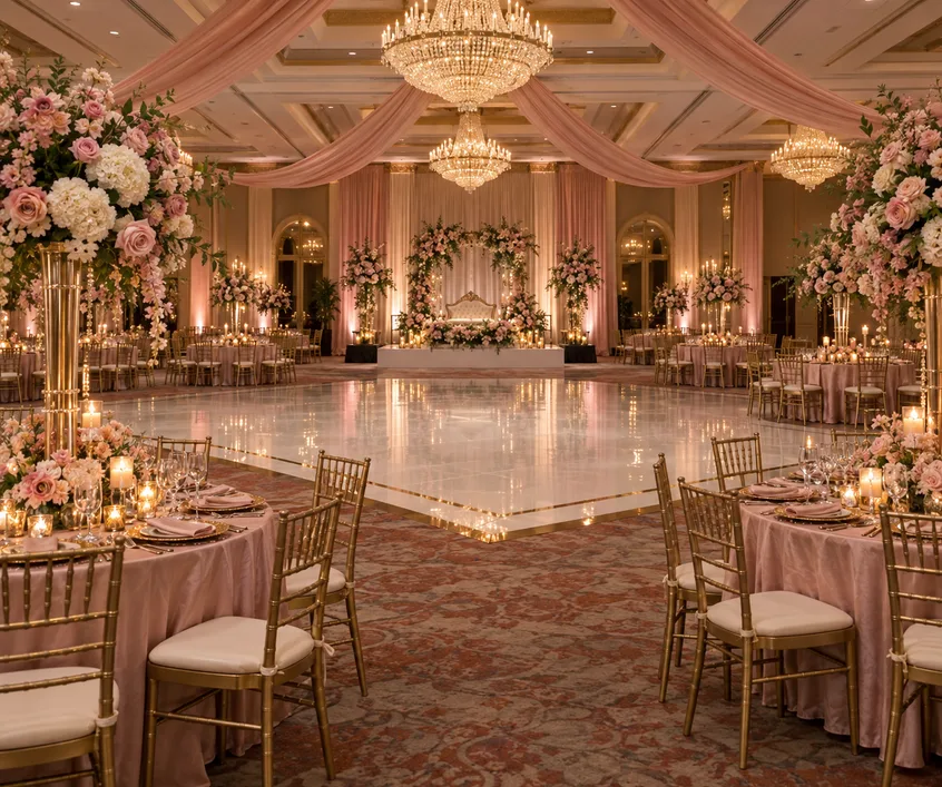 Quinceanera ballroom in pink and gold