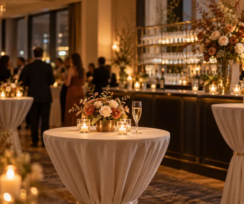 Cocktail hour room with high-top tables and a lit bar