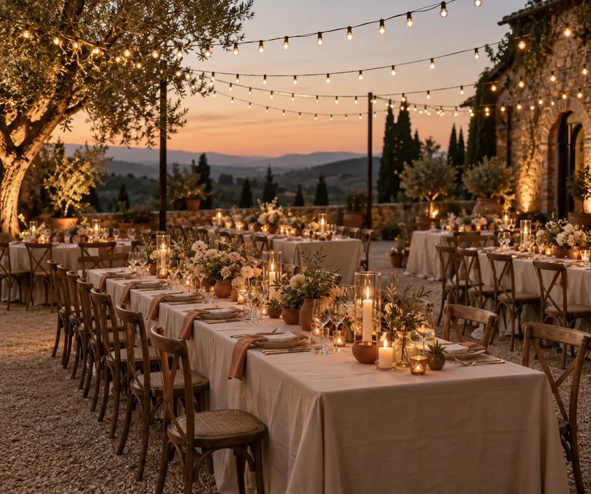 Outdoor reception under cafe string lights at dusk