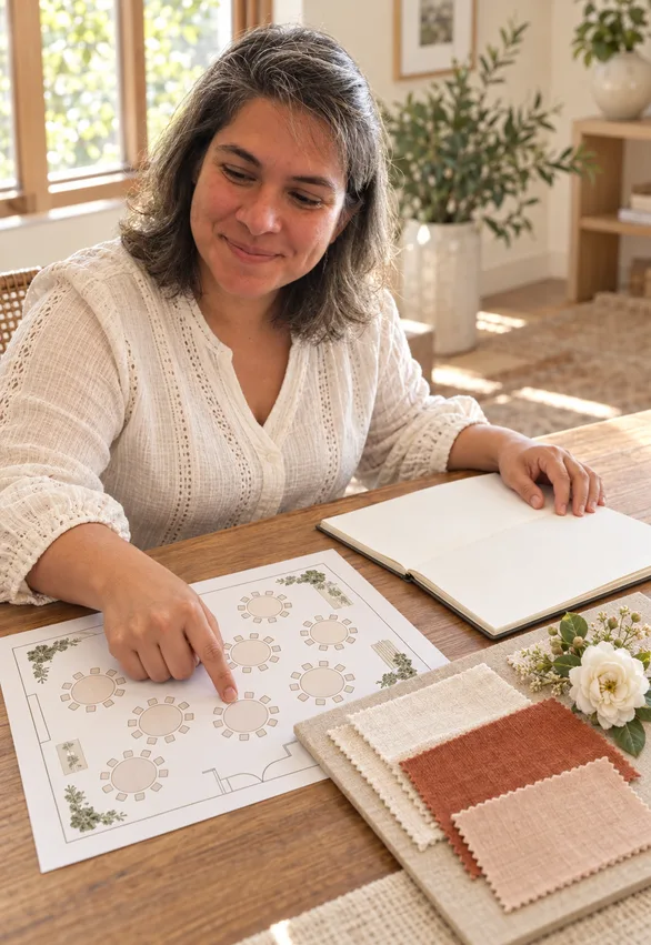 Marcela reviewing a seating chart and fabric swatches