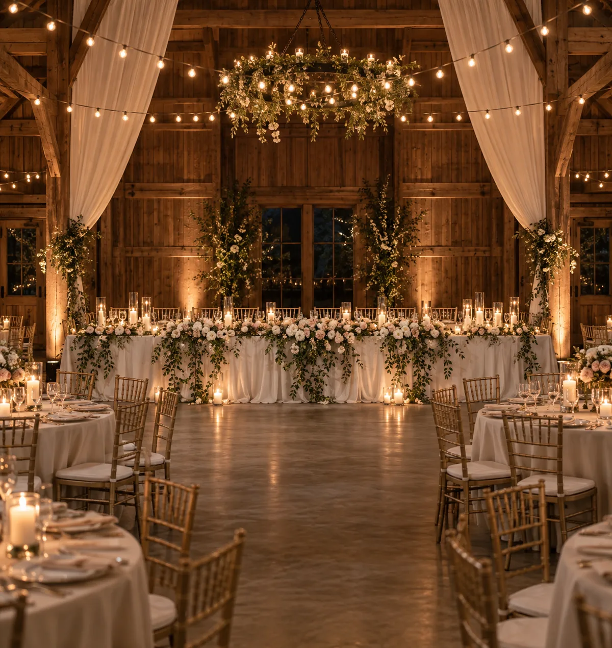 Wedding reception room with a floral head table and string lights