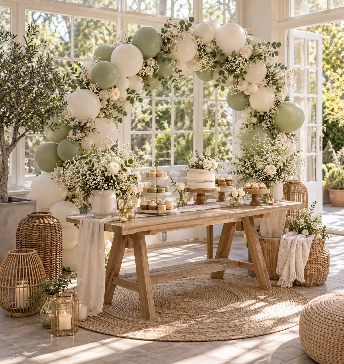 Baby shower dessert table under a sage and cream balloon arch