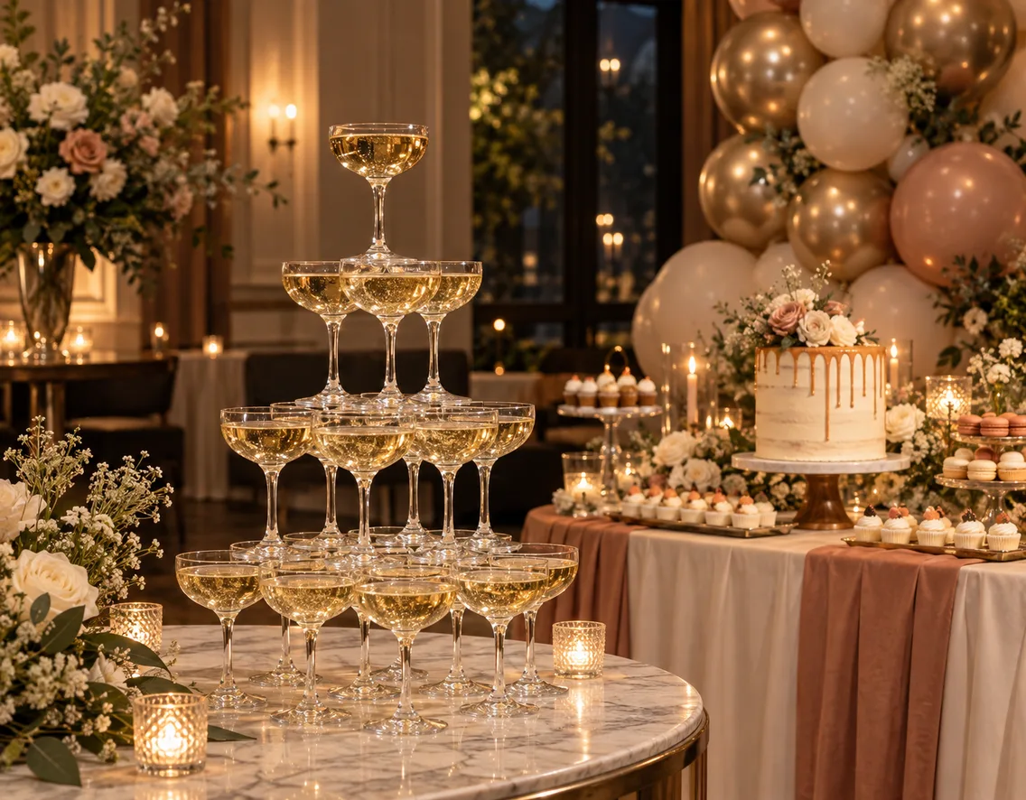 Birthday celebration with a champagne tower and dessert table