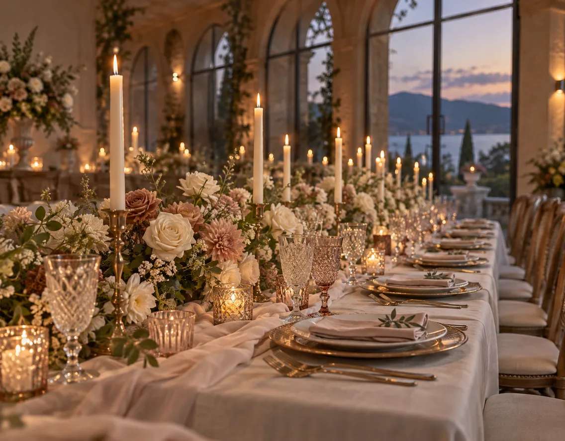 Wedding reception tables with floral runners and taper candles